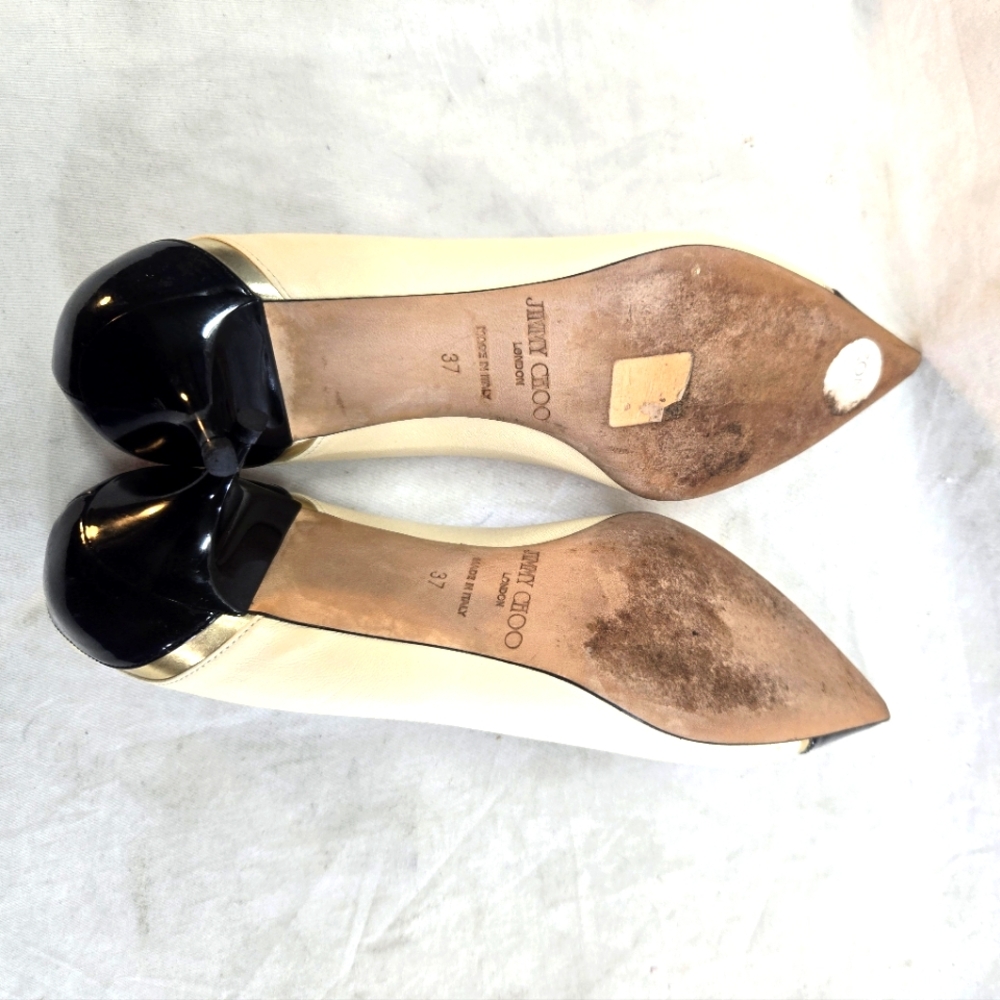 Jimmy Choo Women's 37 Kitten Pumps Cream Black Cap Toe Pointed Low Heels - Picture 5 of 5